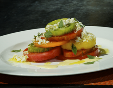 Heirloom Tomato & Watermelon Salad Olive Oil Marinated French Feta, Fino Verde Basil and Yellow Tomato Vinaigrette